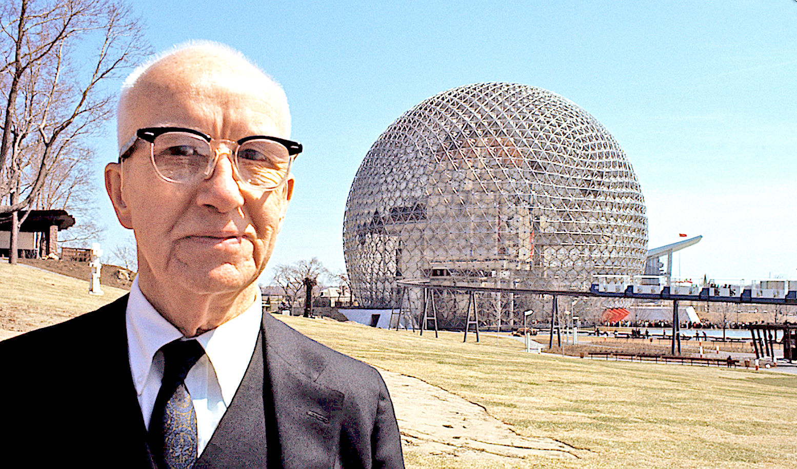 Photo of Buckminster Fuller outside Montreal Biosphere, Canada