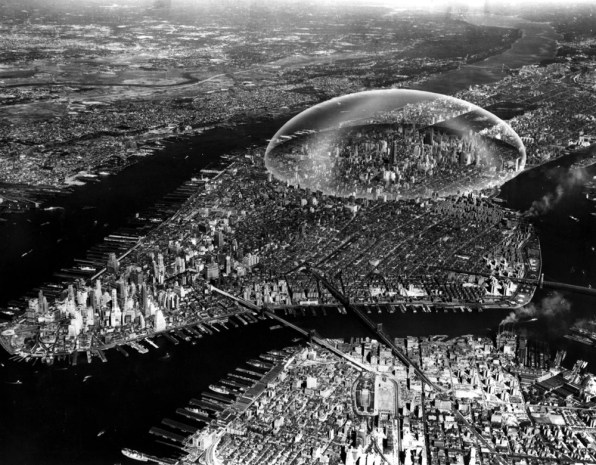 Visualisation imagining giant geodesic dome over Manhattan, New York City